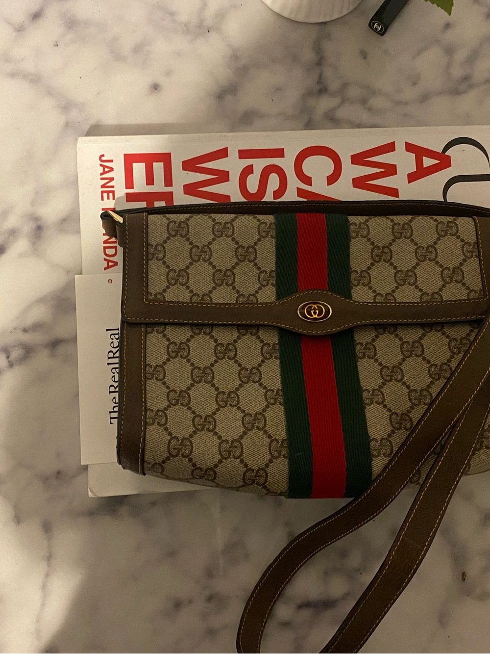 Gucci Beige Monogram Shoulder Bag with Green & Red Web